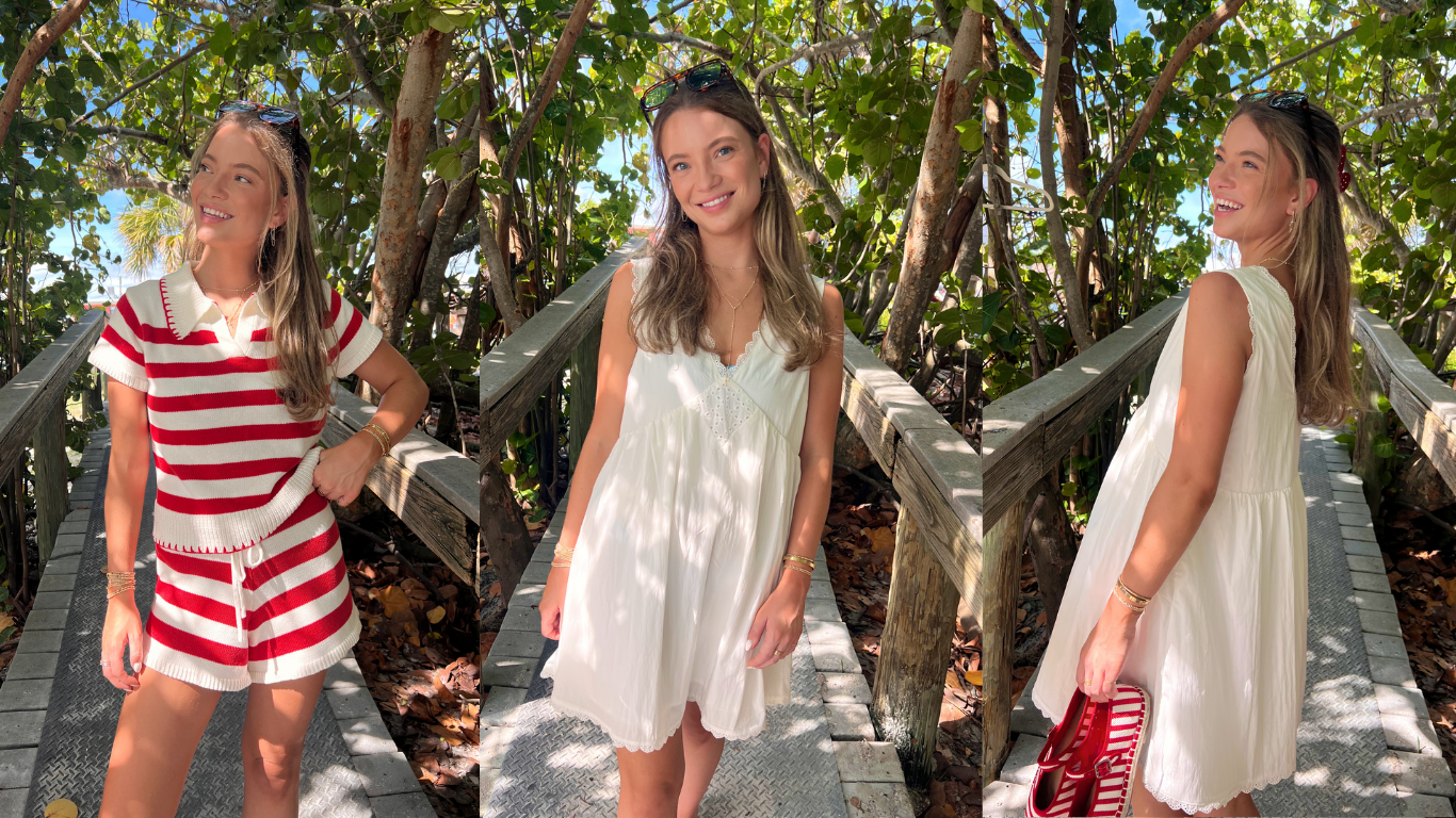Three images of a woman in different outfits standing on a wooden bridge with greenery.